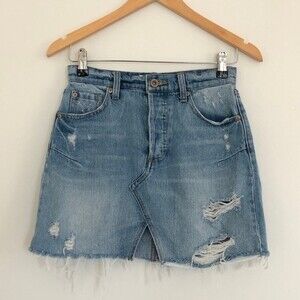 Pistola Mini Skirt Womens 25 The Josie Light Wash Denim Jean Distressed A Line